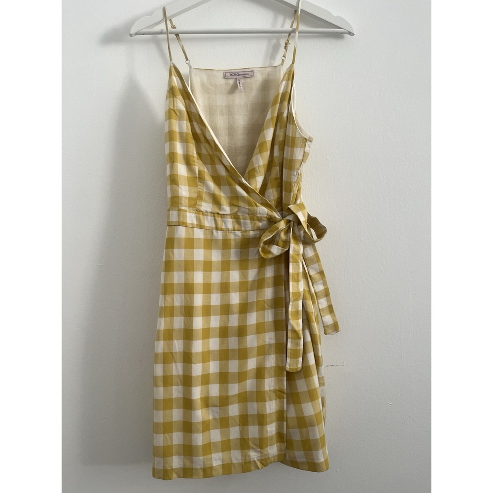 BCBGeneration Gingham Wrap Dress Yellow White Sz S preppy Retro Picnic Spring